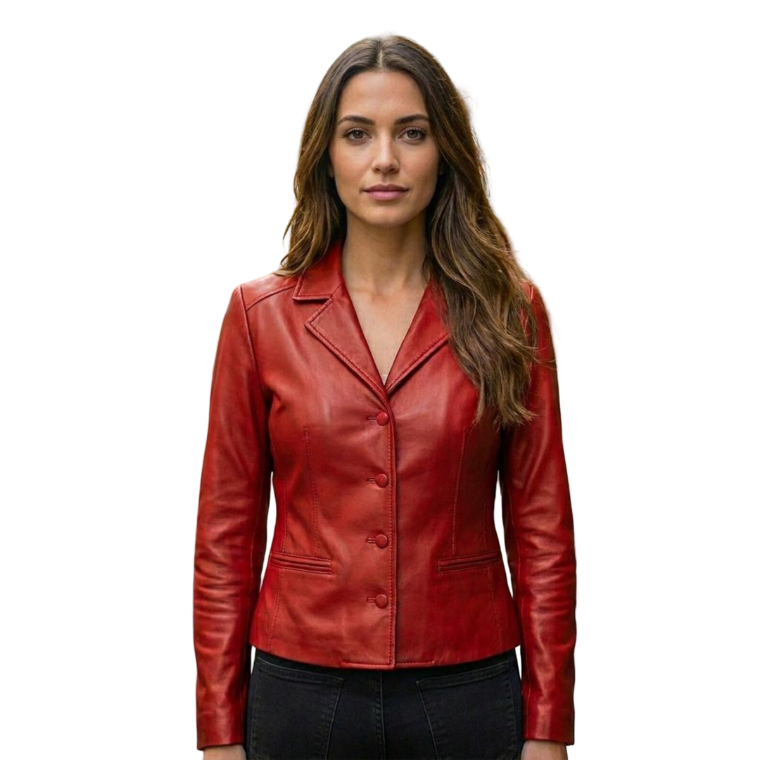 Front view of red leather blazer jacket women slim fit button up style