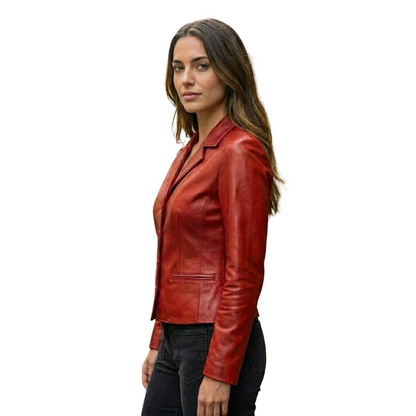Side profile of women red leather blazer jacket tailored silhouette