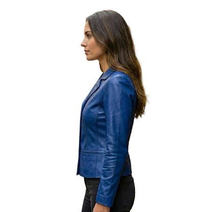 Side profile of slim fit women blue leather blazer jacket