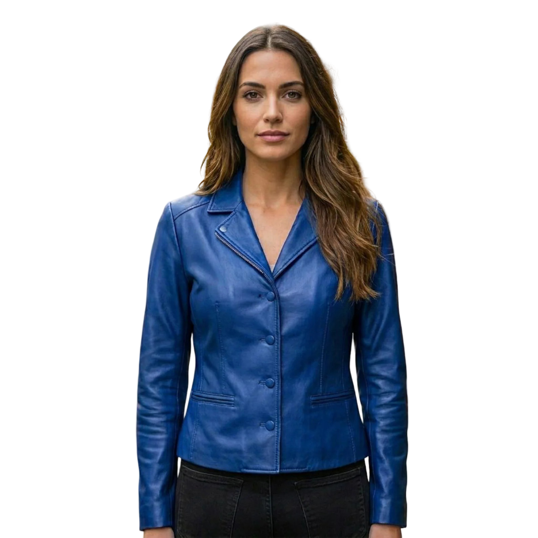 Front view of Women Blue Leather Blazer Jacket slim fit button up style