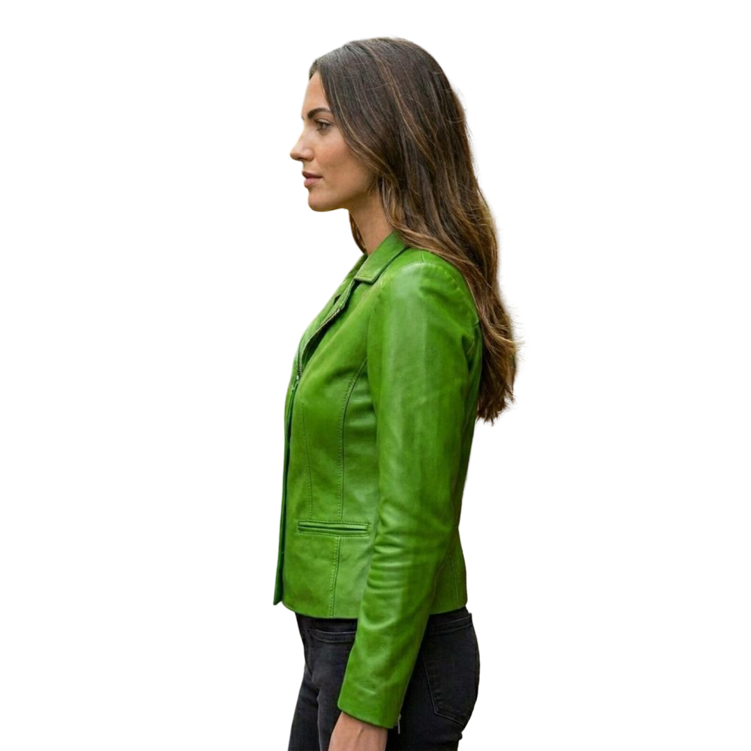  Side profile of green leather blazer jacket for women