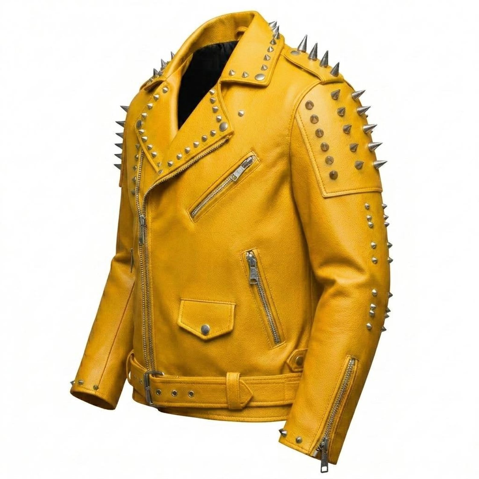  Side profile of gothic punk yellow spiked moto jacket