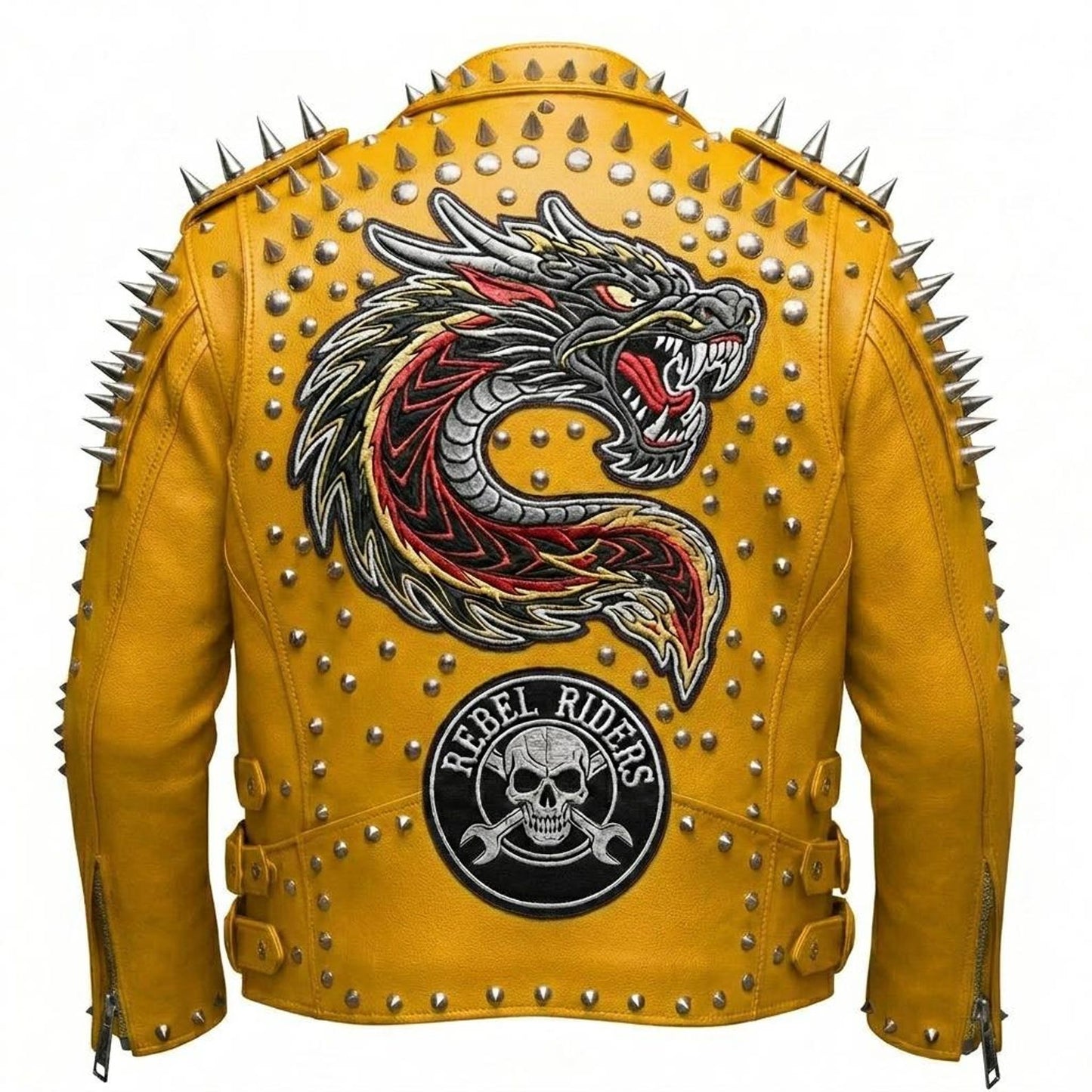 Back view showing dragon patch on yellow moto leather jacket
