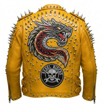 Back view showing dragon patch on yellow moto leather jacket
