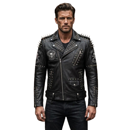 Front view of men black studded leather biker jacket with spike and patch detail
