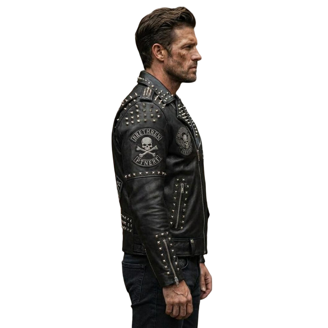 Side angle view of men genuine leather studded biker jacket