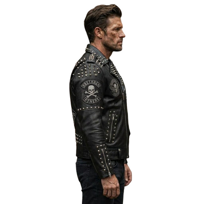 Side angle view of men genuine leather studded biker jacket