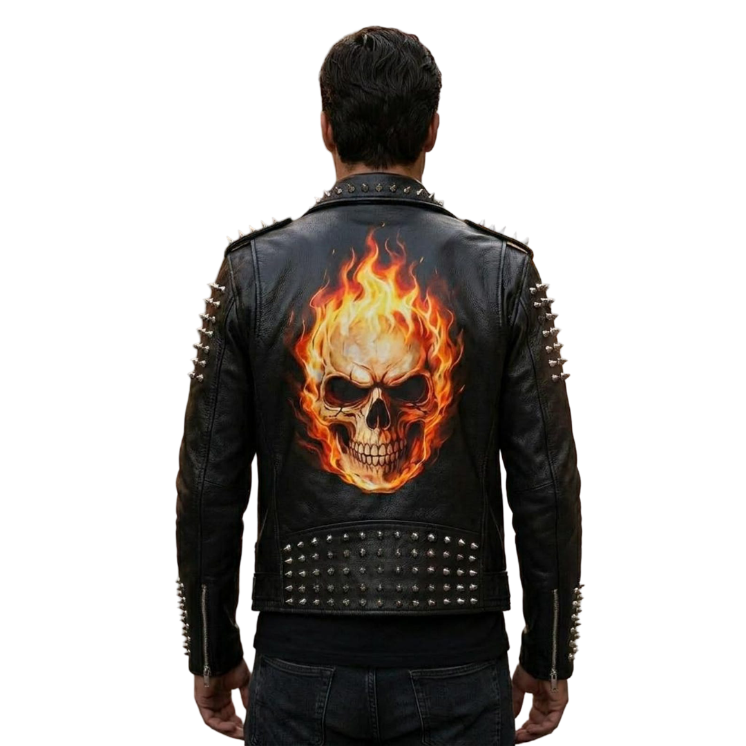 Back view of men spiked leather biker jacket in black genuine leather with punk moto design