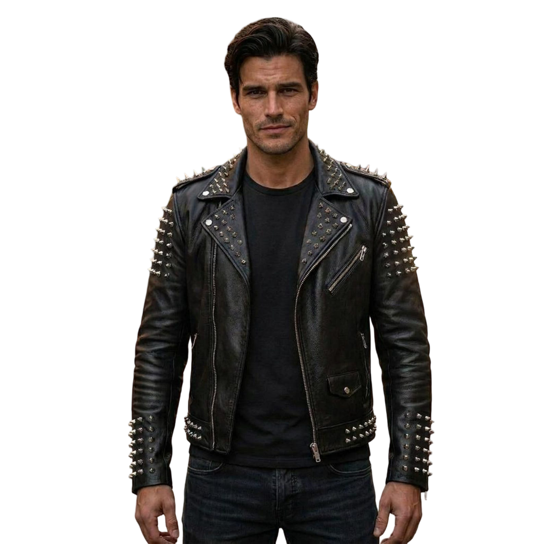 Front view of men spiked leather biker jacket in black genuine leather