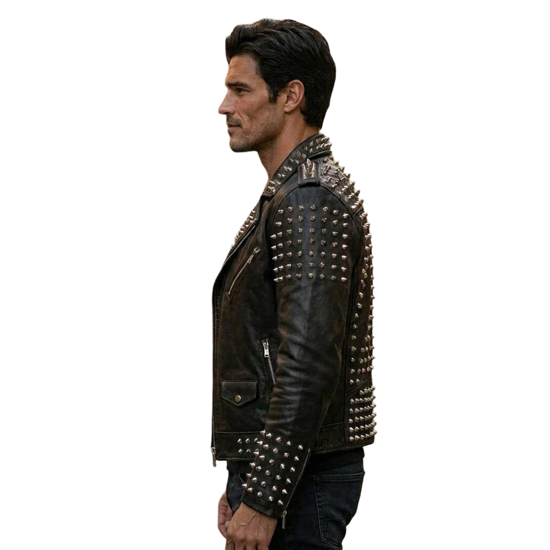  Side view of men punk rock motorcycle leather jacket