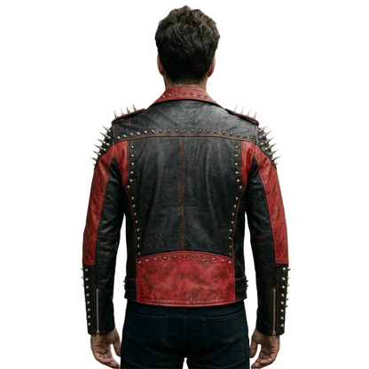  Back view of men black and red leather biker jacket with structured fit