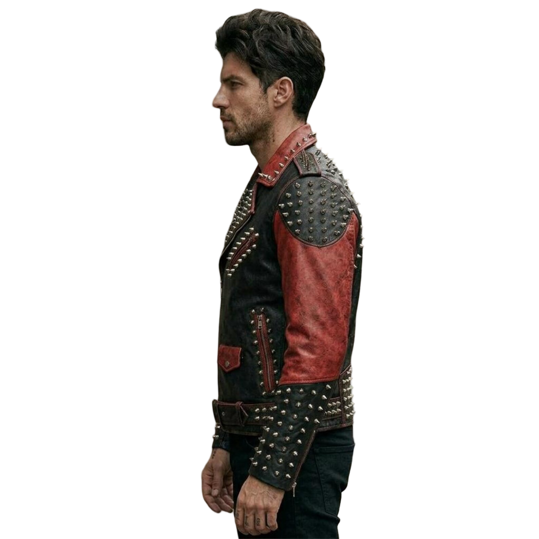 Side angle of black and red moto leather biker jacket with metal spikes