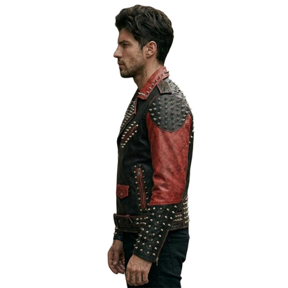 Side angle of black and red moto leather biker jacket with metal spikes