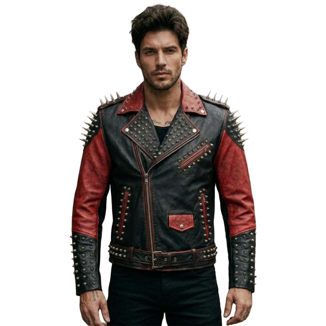 Front view of men black and red spiked leather biker jacket with bold punk rock design