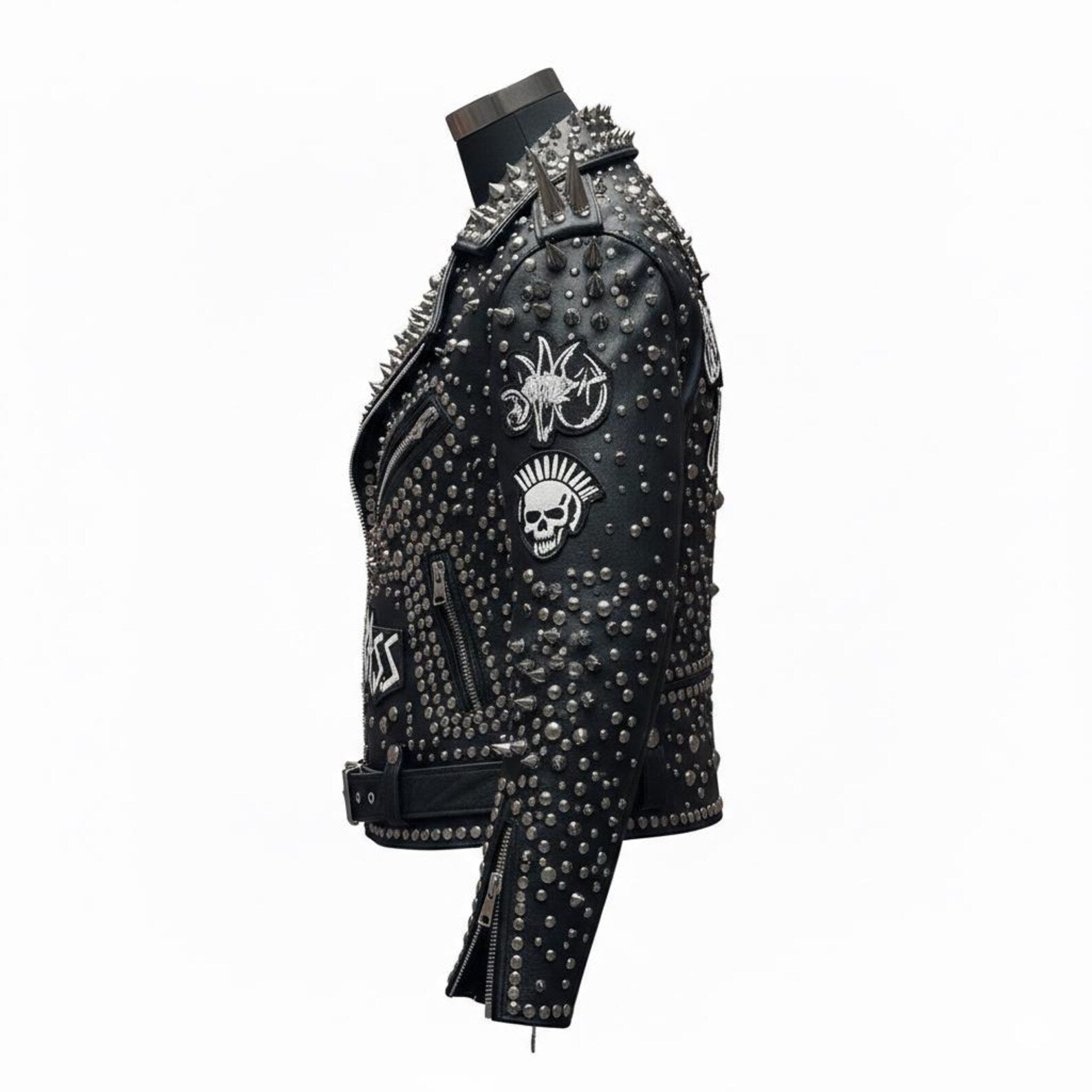 Side angle of black gothic biker leather jacket for men