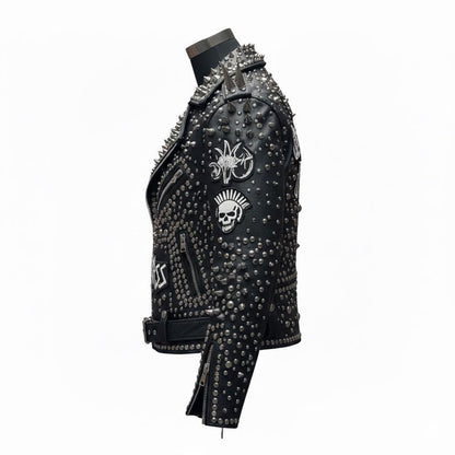 Side angle of black gothic biker leather jacket for men