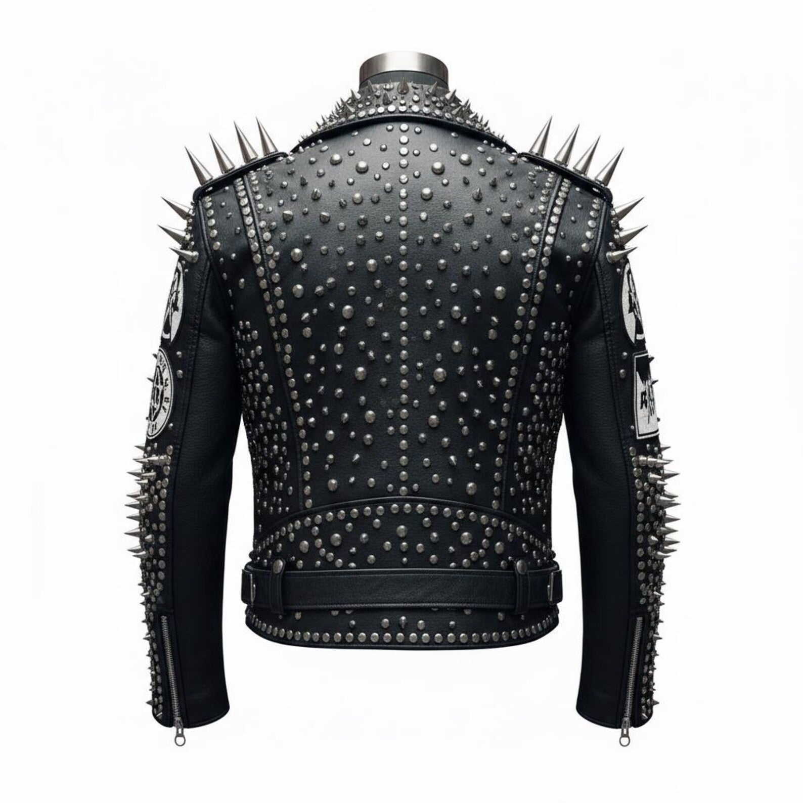 Back view of premium men studded motorcycle leather jacket
