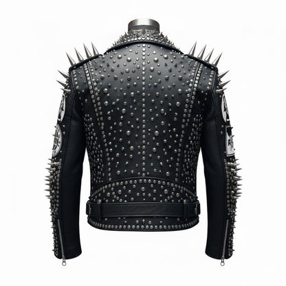 Back view of premium men studded motorcycle leather jacket