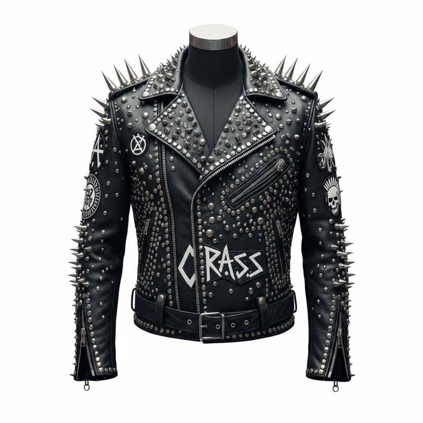  Front view of men black studded leather biker jacket with spike detailing
