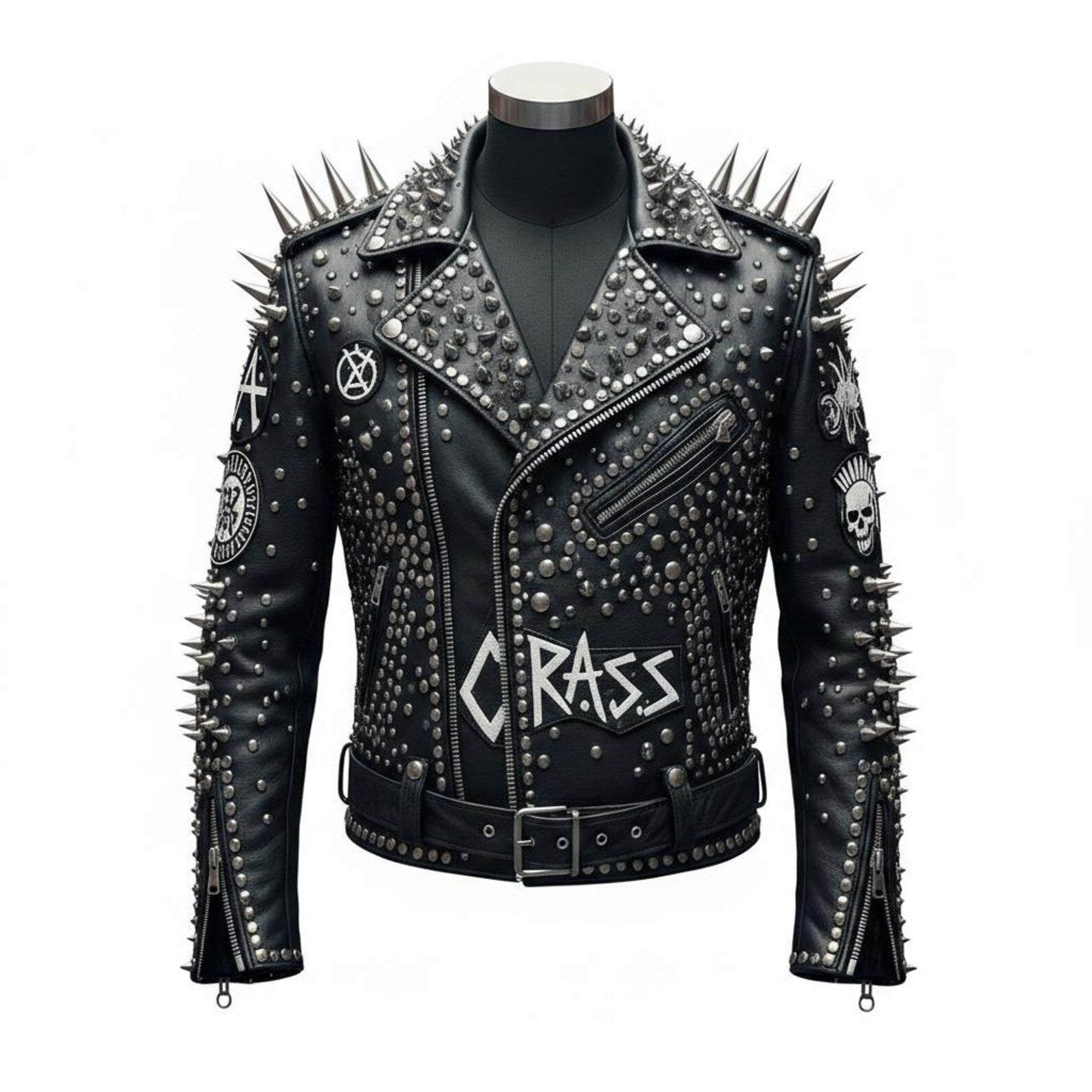  Front view of men black studded leather biker jacket with spike detailing
