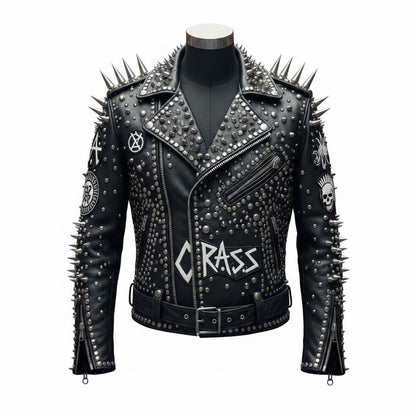  Front view of men black studded leather biker jacket with spike detailing
