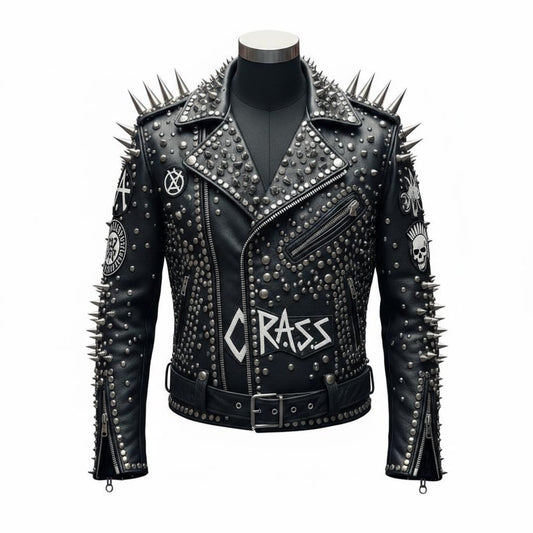  Front view of men black studded leather biker jacket with spike detailing
