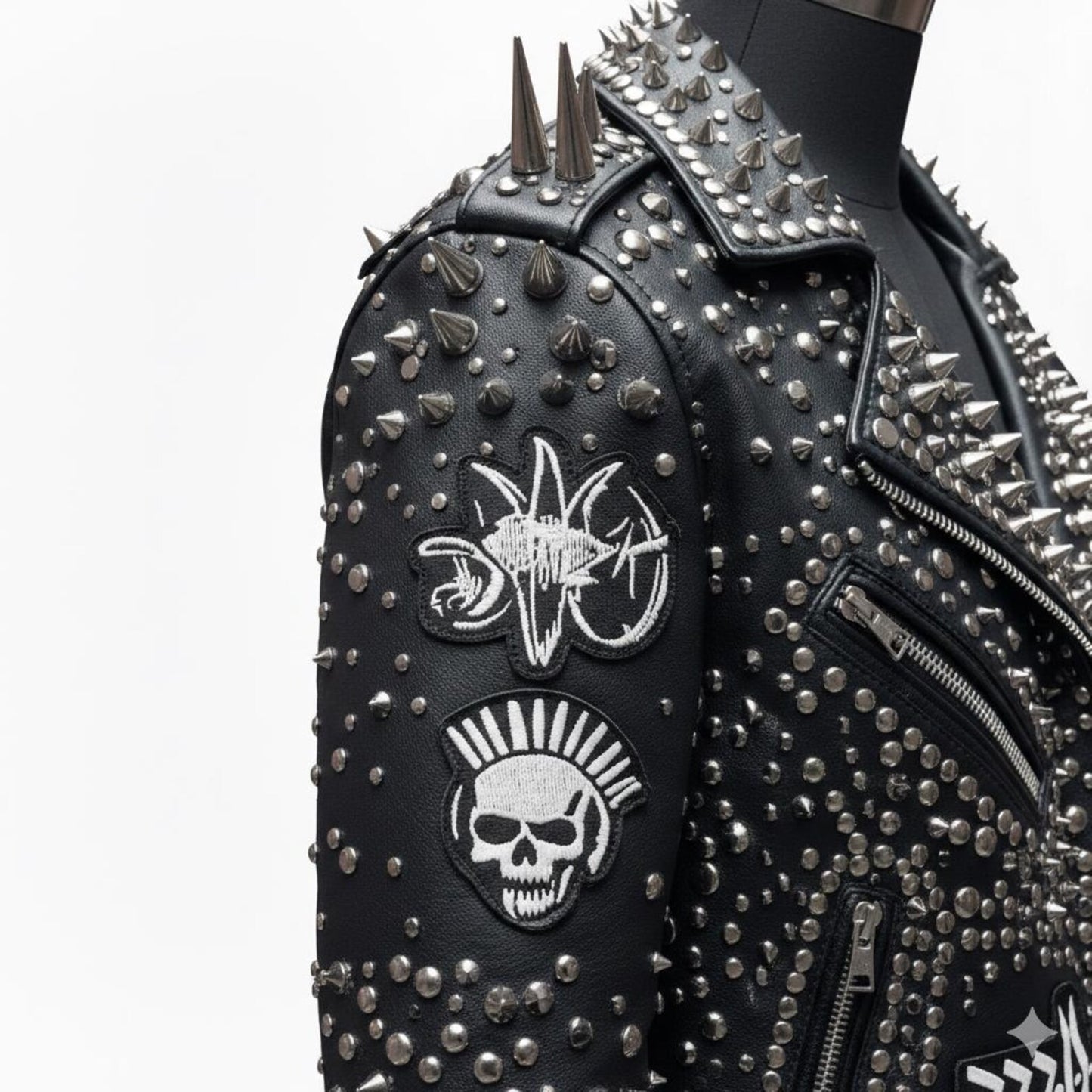 Close up of spike and stud detail on black punk leather moto jacket
