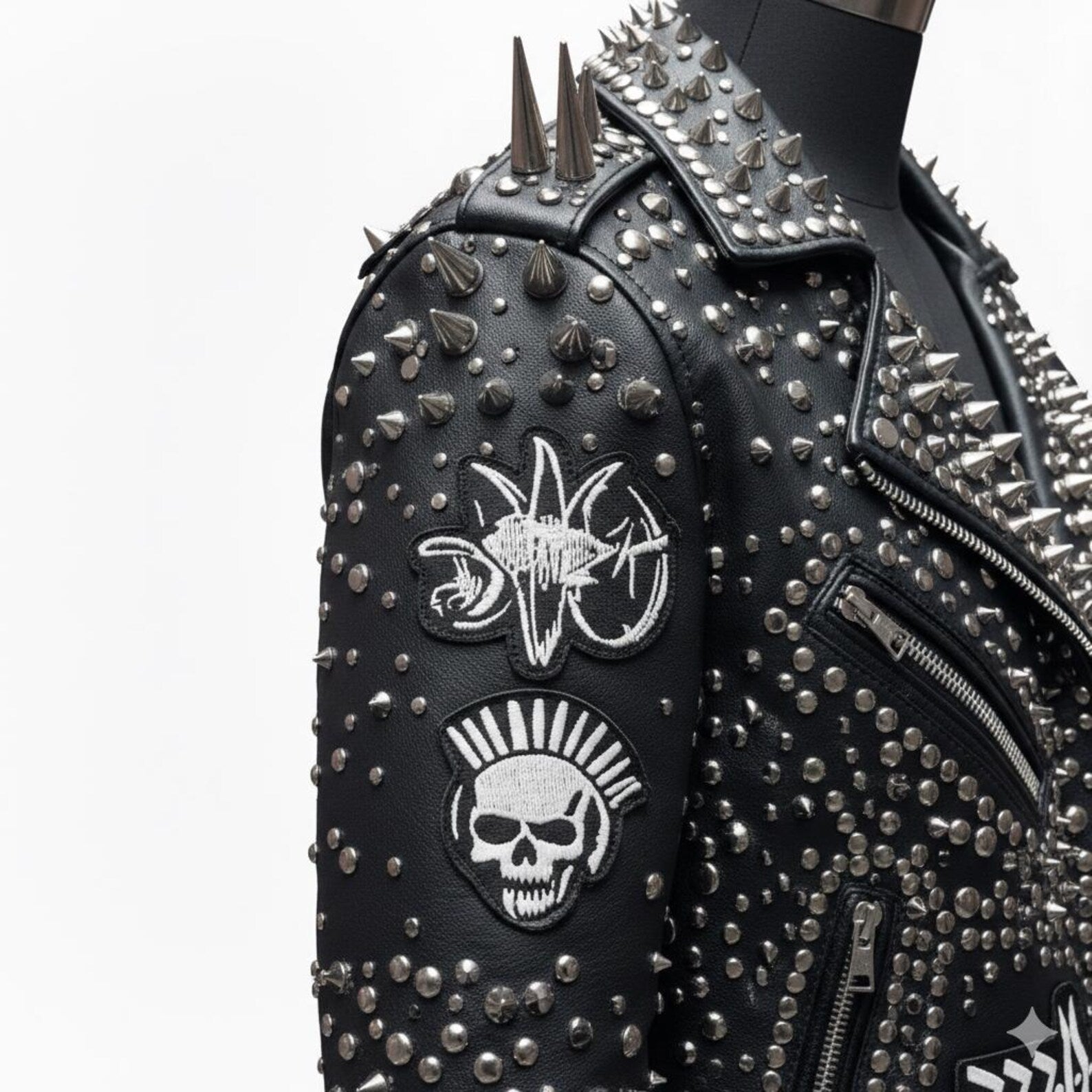 Close up of spike and stud detail on black punk leather moto jacket