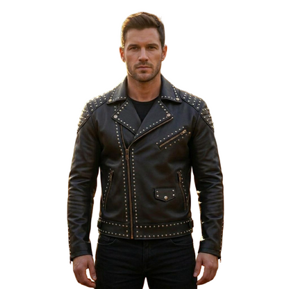 Front view of men handmade studded black leather moto jacket