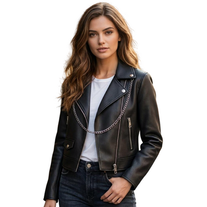 Front view of women black leather moto jacket with silver chain detail