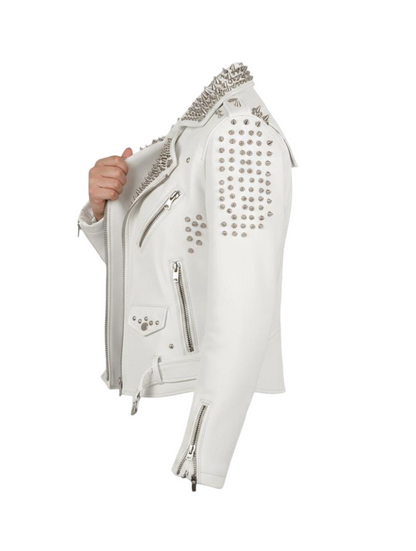 Side profile of white studded leather biker jacket for men