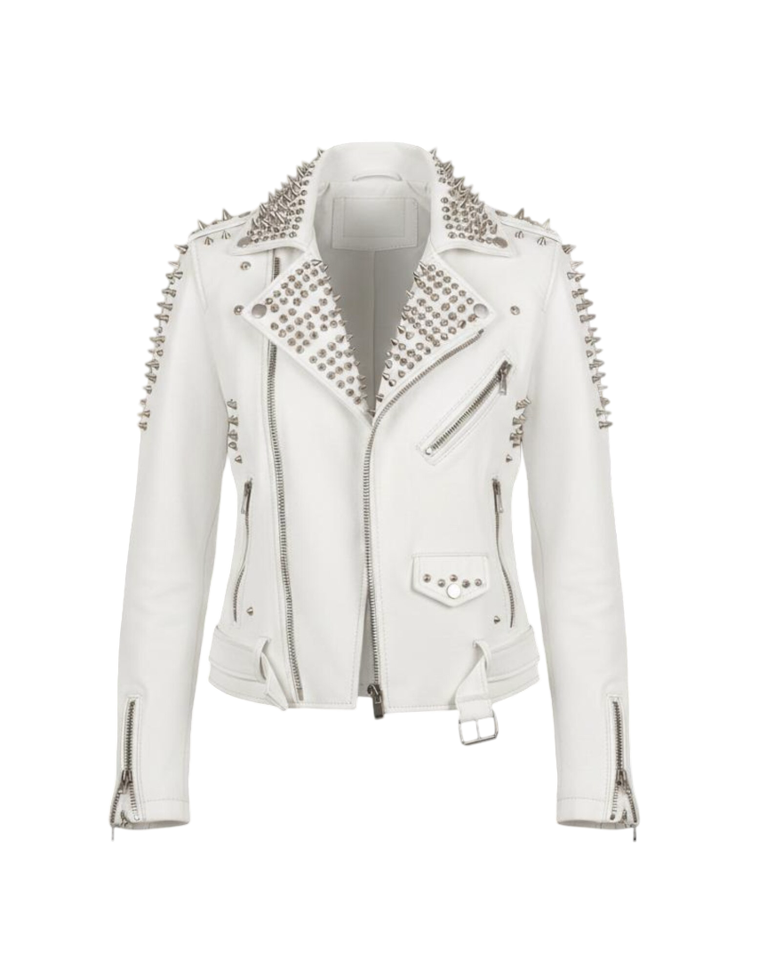 Front view of men white studded leather biker jacket with silver stud detail
