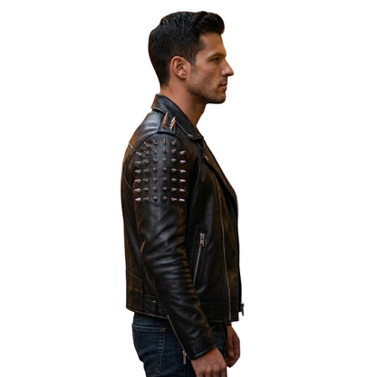 Side profile fit of men black leather moto jacket