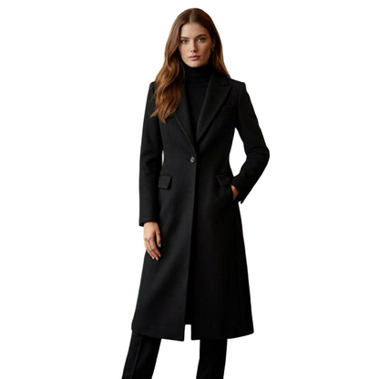 Women black long wool coat front view with tailored elegant fit