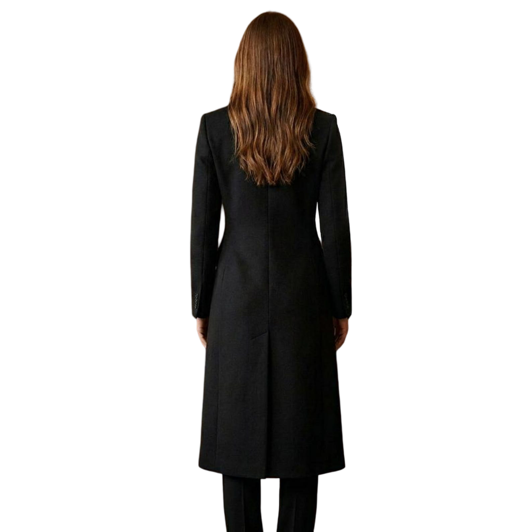 Back view of elegant women long black wool coat