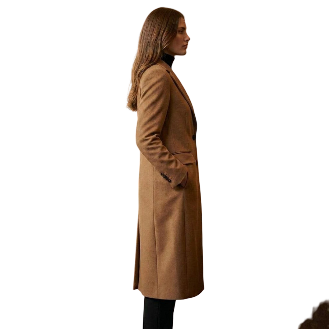 Side view of women camel brown long wool overcoat