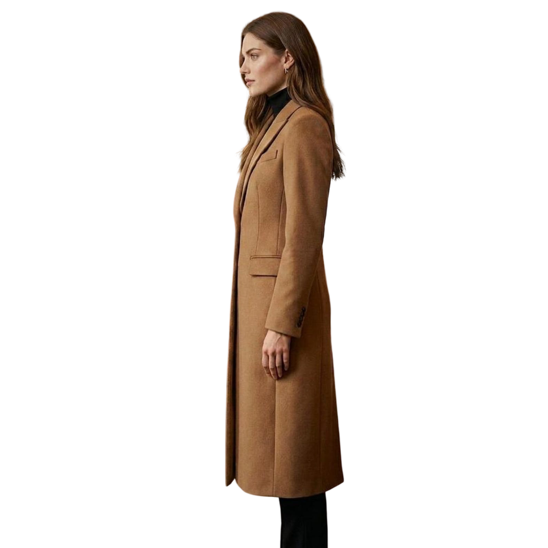  Side view of women camel brown long wool overcoat