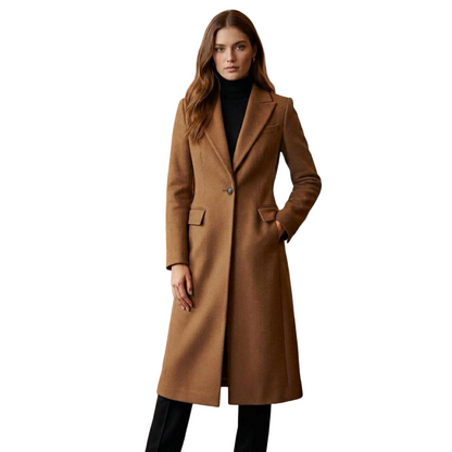  Front view of women camel brown long wool coat with tailored fit