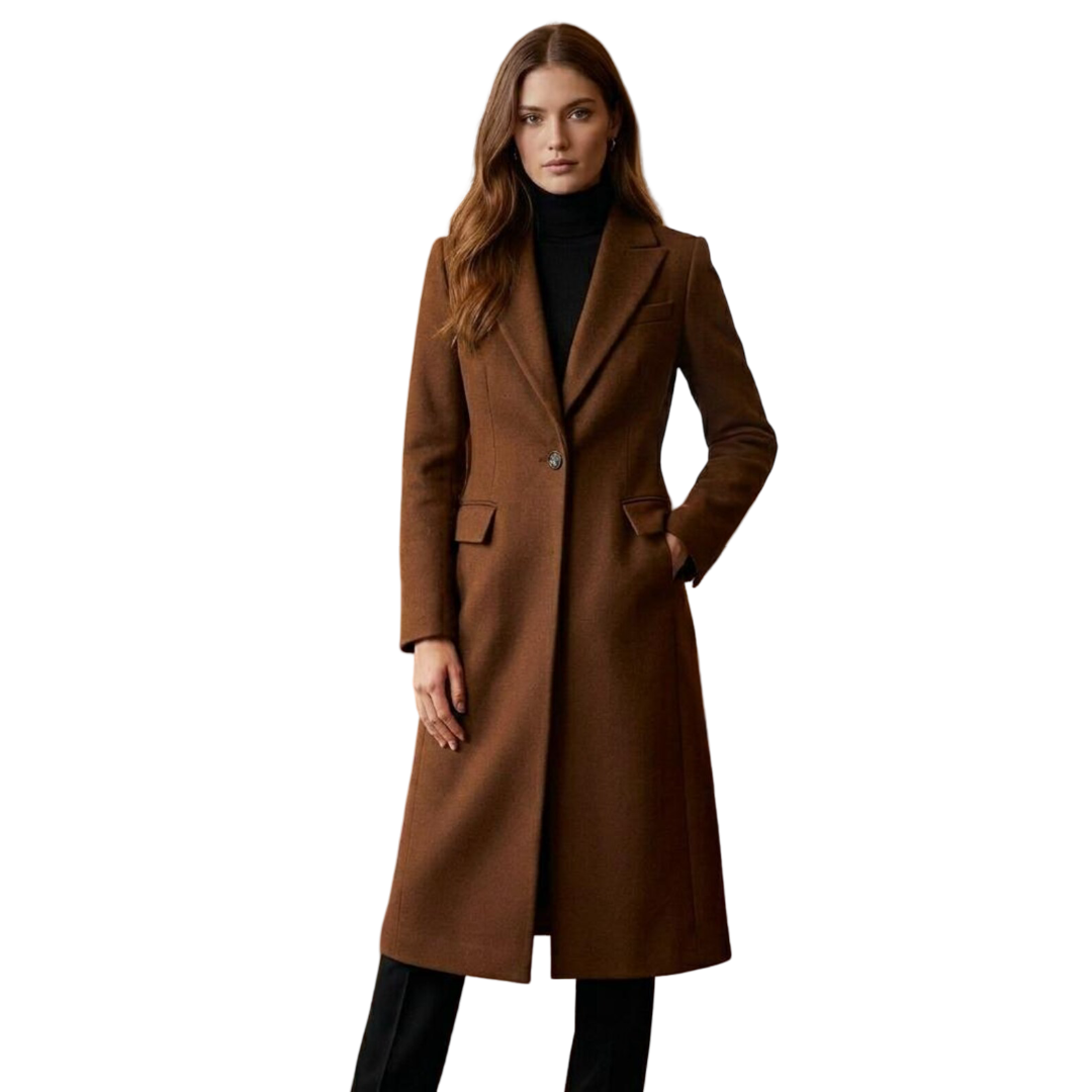 Front view of women brown long wool coat with tailored fit