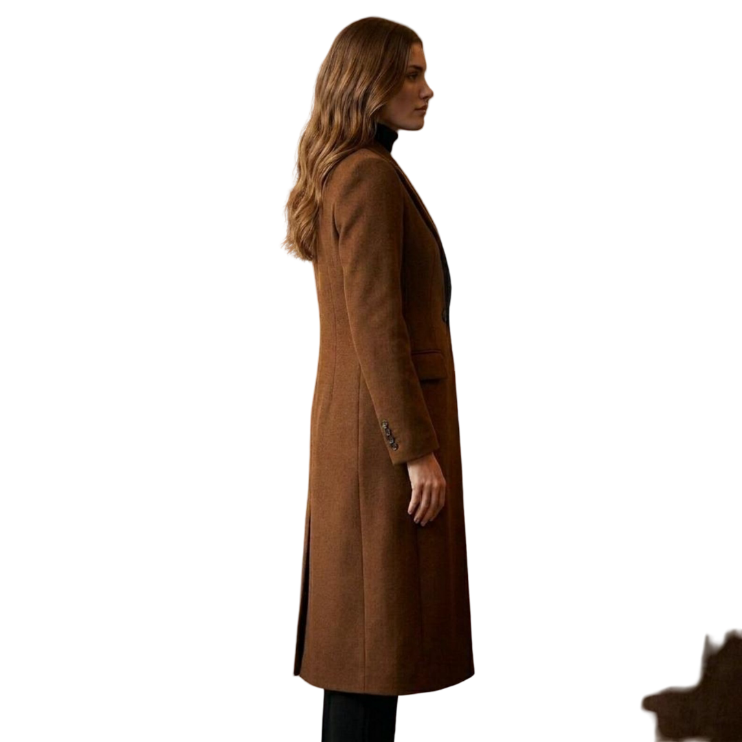 Side profile of elegant brown long wool overcoat for women