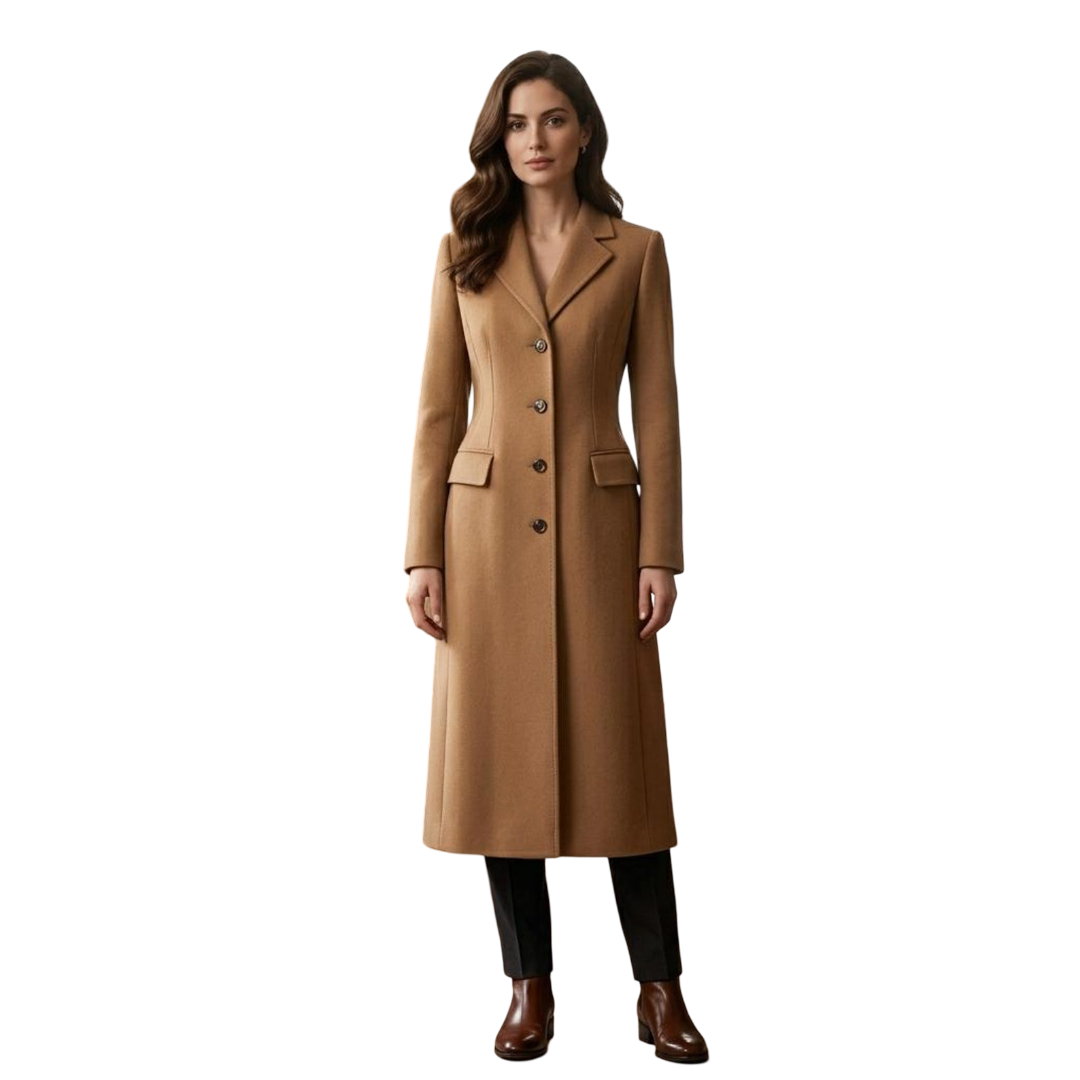  Front view of camel wool blend long overcoat for women with tailored fit