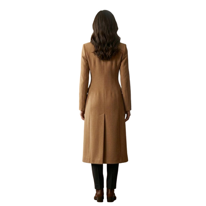 Back view of camel wool blend long overcoat for women