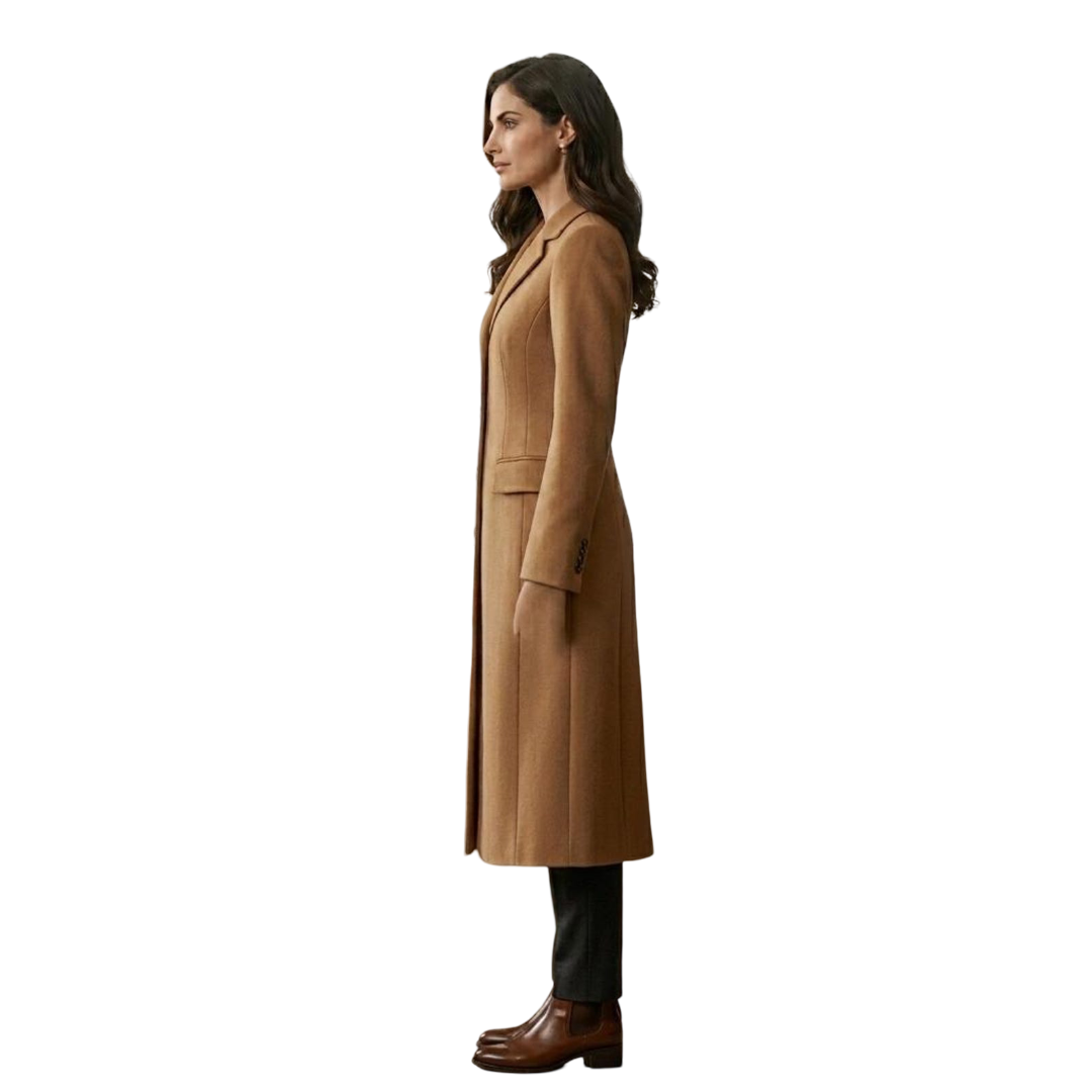 Side view of tailored camel wool blend long overcoat
