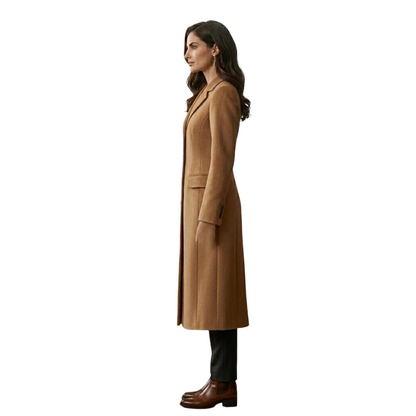 Side view of tailored camel wool blend long overcoat