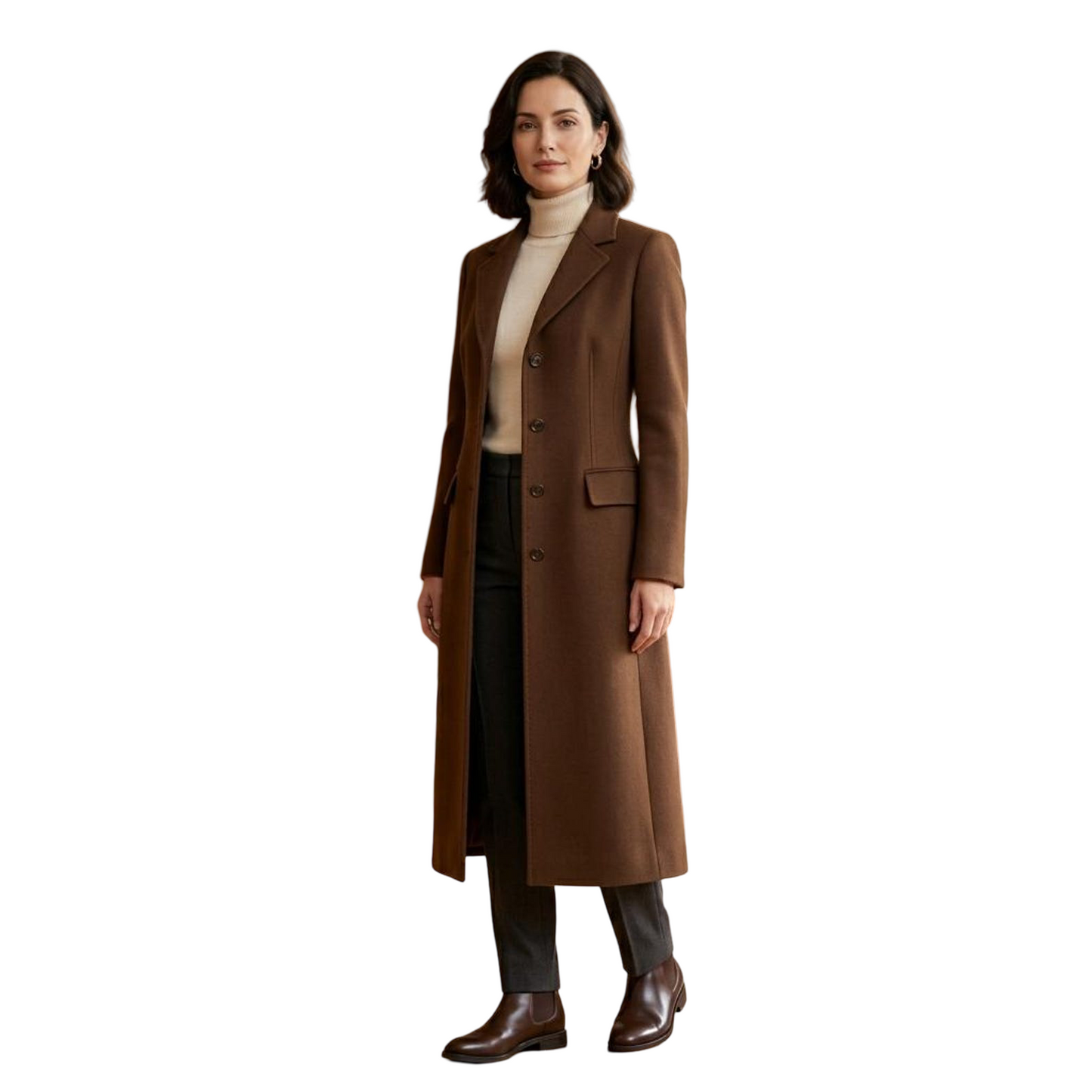 Front view of camel brown long wool coat for women with tailored fit