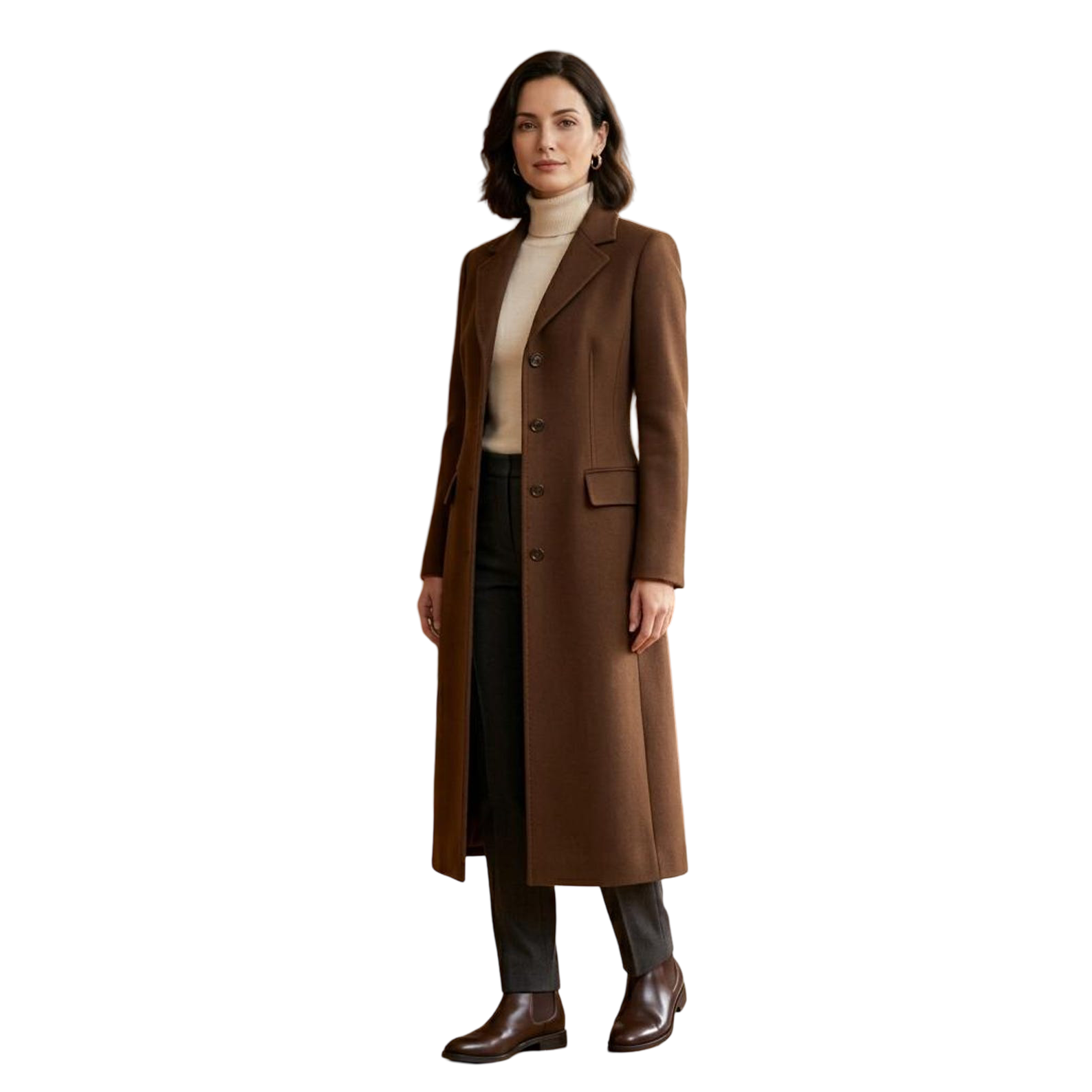 Front view of camel brown long wool coat for women with tailored fit