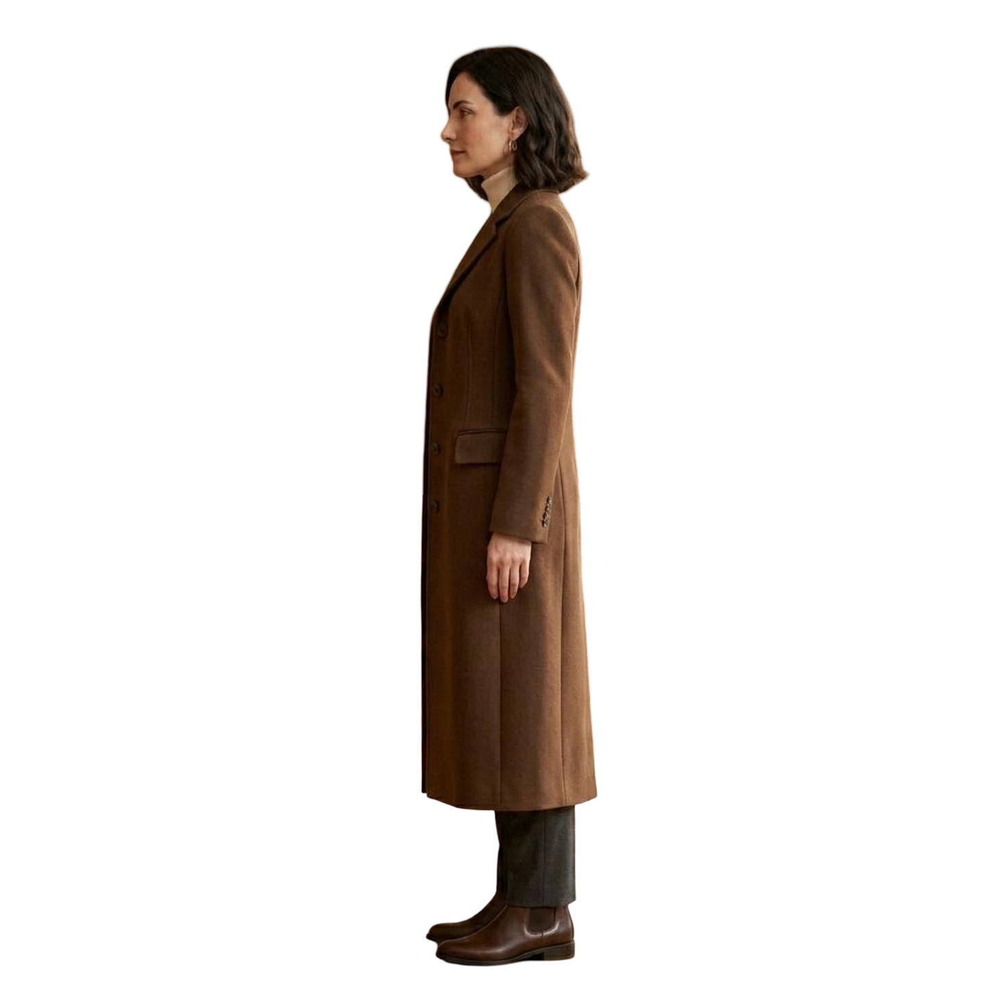 Side profile of elegant camel brown long wool coat for women