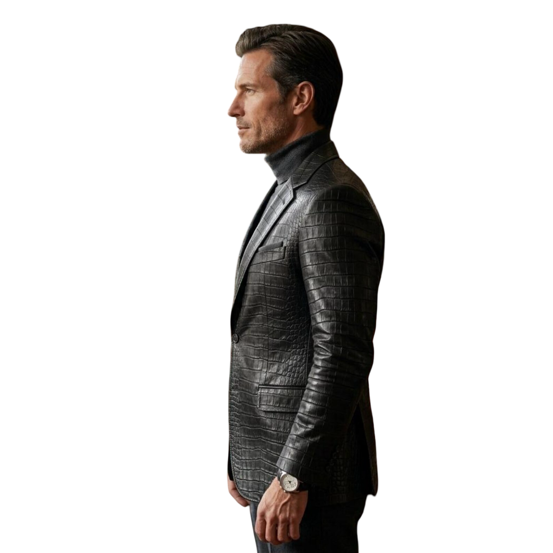 Side profile of exotic black crocodile leather blazer for men
