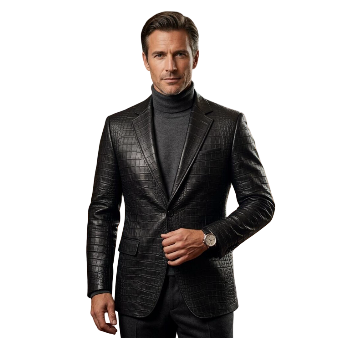 Front view of men black crocodile texture leather blazer in tailored fit