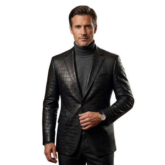 Front view of men black crocodile texture leather blazer in tailored fit